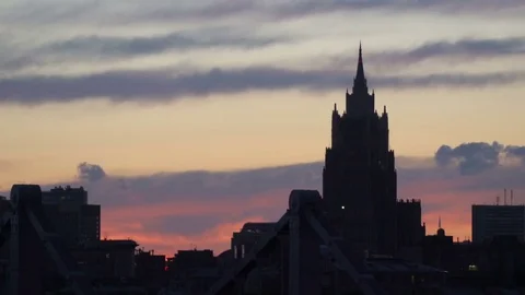 Beautiful sunset to night transition over city downtown skyline. Night city Stock Footage 80696036