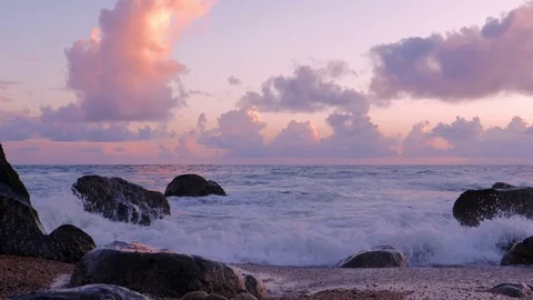 Beautiful sunset. Ocean waves on beach, Atlantic Ocean Stock Footage 106289773