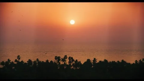 A beautiful sunset with a orange sky, ocean and tropical forest in a foreground Stock Footage 281934616