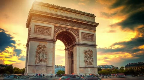 Beautiful sunset over Arc de Triomphe. Paris, France. Timelapse Stock Footage 62636981