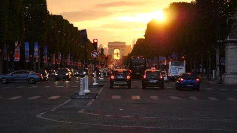 Beautiful sunset over Arc de Triomphe at Place de l'Etoile, Paris, France Stock Footage 237922933