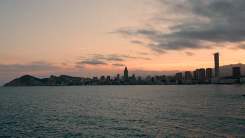 Beautiful sunset over Benidorm and Poniente beach in Spain Stock Footage 155244112