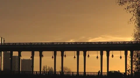 Beautiful sunset over the bridge train car passing urban transportation travel Stock Footage 10843596