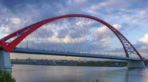 Beautiful sunset over the Bugrinsky Bridge over the Ob river in Novosibirsk Stock Footage 51627555