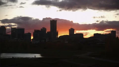 Beautiful sunset over the city, apocalyptic sunset over the city Stock Footage 219955731
