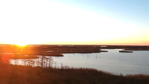 Beautiful sunset over delta in Louisiana bayou with calm water Stock Footage