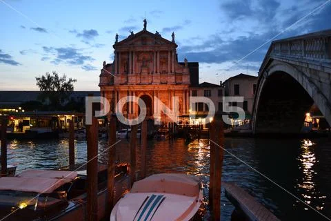 Beautiful sunset over the Grand Canal in Venice near the Railway station. Stock Photos