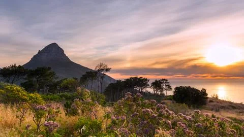 Beautiful sunset over the ocean and Lion's head mountain view from Signal hil Stock Photos
