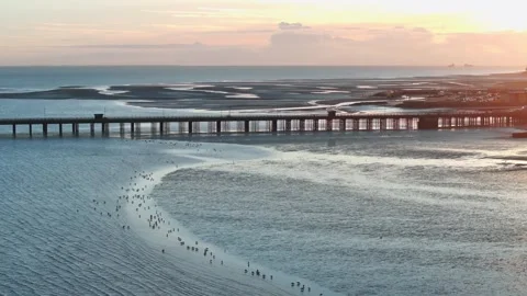 A beautiful sunset over the ocean with a bridge in the background Stock Footage 298254258