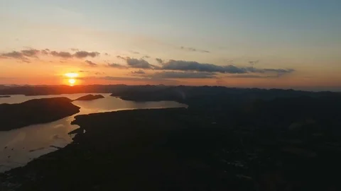 Beautiful sunset over sea, aerial view. Busuanga island Philippines. Stock Footage