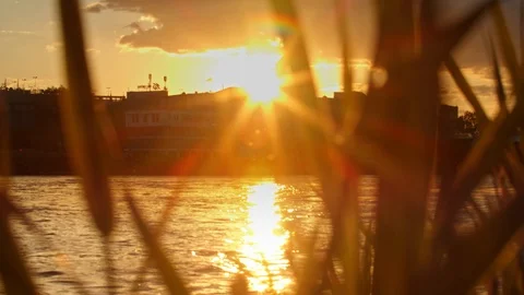Beautiful Sunset over the Shining River in Ludwigshafen Stock-Footage 120554069