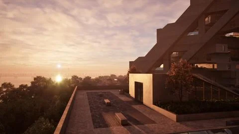 A beautiful sunset over a waterfront building Ilustración de archivo