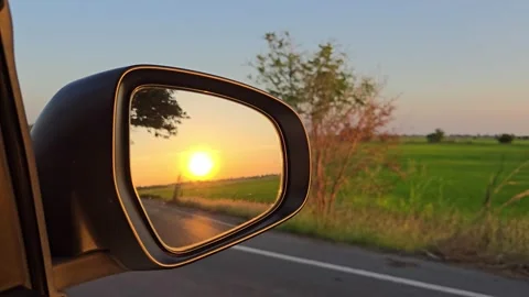 Beautiful Sunset Reflection in Car Side Mirror at Rural. Video stock 327020818