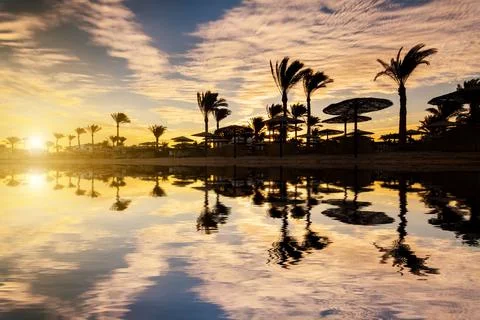 Beautiful sunset on a sandy beach at the Red Sea. Egypt, Sharm el-Sheikh. Stock Photos