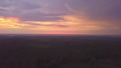 Beautiful sunset sky over fields and forest of Poland. Aerial landscape. Stock Footage 278413969