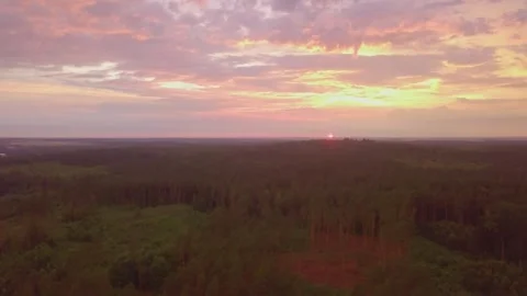 Beautiful sunset sky over fields and forest of Poland. Aerial landscape. Stock Footage 278414050
