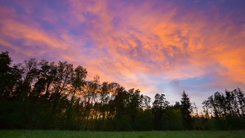 Beautiful sunset sky over forest and meadow in 4K timelapse Stock Footage 89677808