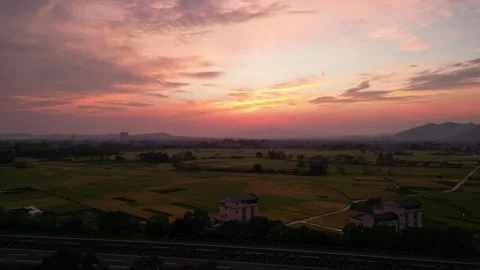 Beautiful sunset in small countryside, Inner Peace, Drone Aerial View, 4K Video stock 252043968