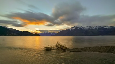 Beautiful Sunset With Snow Capped Mountain Background Stock-Footage 106467739
