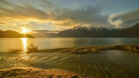 Beautiful Sunset With Snow Capped Mountain Background Video stock 106467843