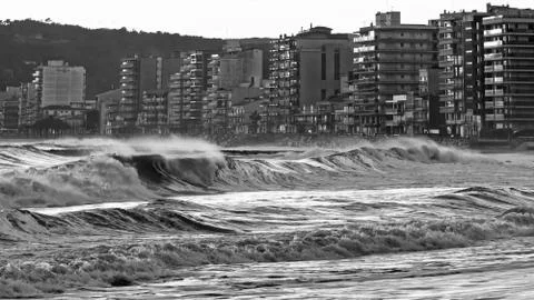 Beautiful sunset in Spain with big waves in black and white color, Costa Brav Stock Photos