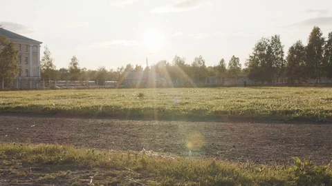 Beautiful sunset at a stadium Stockbeeldmateriaal 112759785