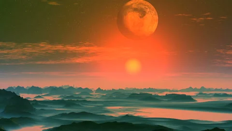 Beautiful Sunset under the Alien Moon Stock Footage 132555428