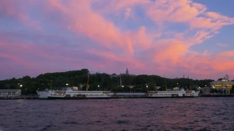 Beautiful sunset view with purple clouds in Istanbul, Blue Mosque, Hagia Sophia Stock Footage 161753665