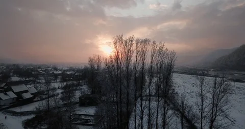 Beautiful sunset winter drone tree winter silhouette Stock Footage 122602086