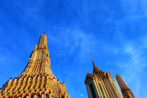 Beautiful super clear sky and clouds over pagoda, parts of artistic temple Stock Photos