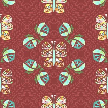 Beautiful Symmetrical Ornate Repeat Pattern In Aqua And Maroon Illustrazione stock