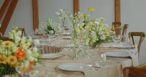 Beautiful table decoration in the restaurant in delicate light colors Stock Footage 306329791