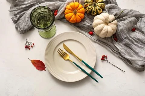 Beautiful table setting with berries, pumpkins autumn leaf on white backgroun Stock Photos