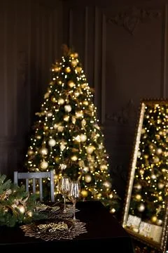 Beautiful table setting with Christmas decorations in living room Stock Photos