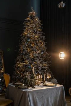 Beautiful table setting with Christmas decorations in living room Stock Photos