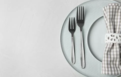 Beautiful table setting on grey background, top view. Space for text Stock Photos