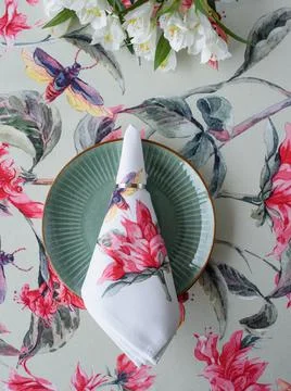 Beautiful table setting, a napkin on a plate, a tablecloth with a bright prin Stock Photos