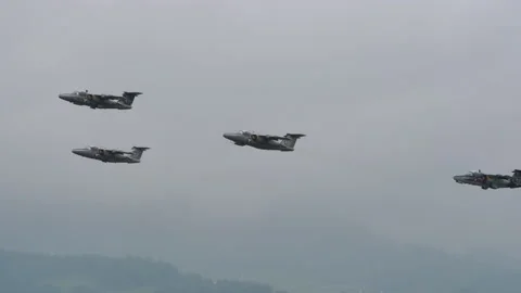 Beautiful take-off in close formation of four military jet planes Stock Footage 159752785