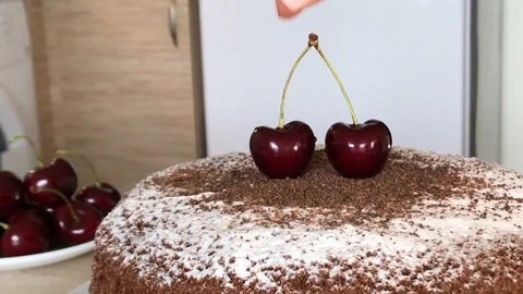 Beautiful takes two cherry in powder delicious chocolate, wood white Pano Stock Footage 102495132