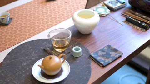 Beautiful Tea Setup With Elegant Teapot And Glassware On Table Stock Footage 326031325