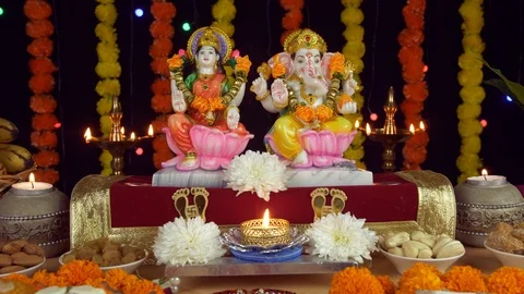 Beautiful temple/Puja Ghar of Hindu gods Ganesh Ji and Laxmi Ji on Diwali Stock Footage 116247544