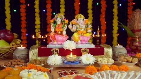 Beautiful temple/Puja Ghar of Hindu gods Ganesh Ji and Laxmi Ji on Diwali - t... Stock Photos