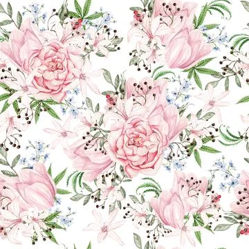 Beautiful tender watercolor pattern with different flowers and cannnabis. Stock Illustration