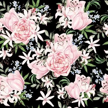 Beautiful tender watercolor pattern with different flowers and cannnabis. Stock Illustration