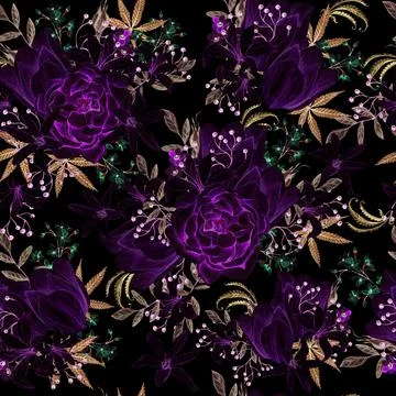 Beautiful tender watercolor pattern with different flowers and cannnabis. Illustrazione stock