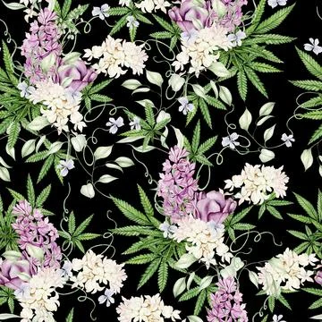 Beautiful tender watercolor pattern with different flowers and cannnabis. Stock Illustration