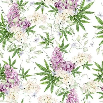 Beautiful tender watercolor pattern with different flowers and cannnabis. Illustrazione stock