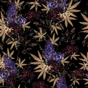 Beautiful tender watercolor pattern with different flowers and cannnabis. Stock Illustration