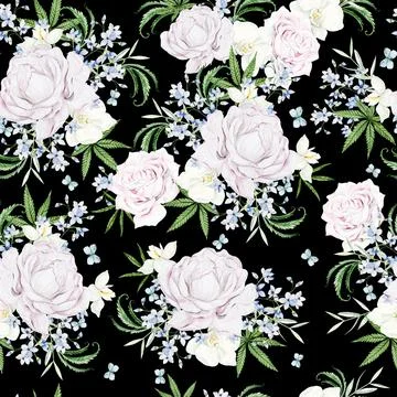 Beautiful tender watercolor pattern with different flowers and cannnabis. Stock Illustration