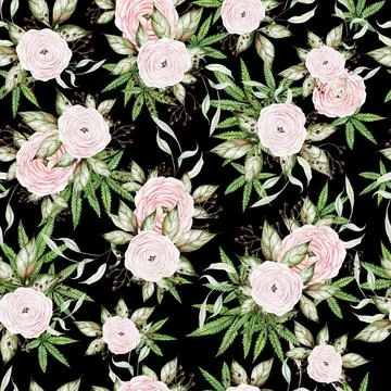 Beautiful tender watercolor pattern with different flowers and cannnabis. Stock-Illustration